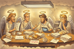 Cartoon illustration of four weary angels sitting around a long heavenly conference table in the clouds, parodying The Last Supper. The angels wear togas mixed with office attire and are surrounded by takeout boxes, coffee cups, and messy paperwork. A glowing “DENIED” sign sits on the table under a flickering fluorescent light, capturing the absurd mood of a celestial bureaucracy meeting.